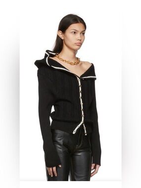 Y/Project Black Off-the-Shoulder Ribbed Zip Sweater with White Trim